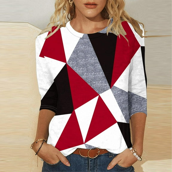 Wancir Womens Tops 3/4 Sleeve Shirts Round Neck Loose Casual Blouses Floral Print Tshirts