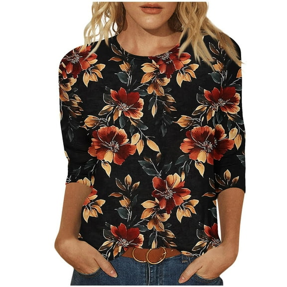 Wancir Womens Tops 3/4 Sleeve Shirts Round Neck Loose Casual Blouses Floral Print Tshirts