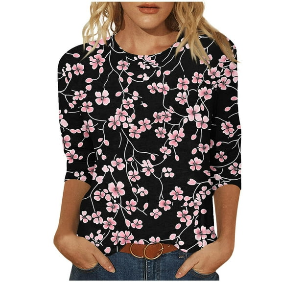 Wancir Womens Tops 3/4 Sleeve Shirts Round Neck Loose Casual Blouses Floral Print Tshirts
