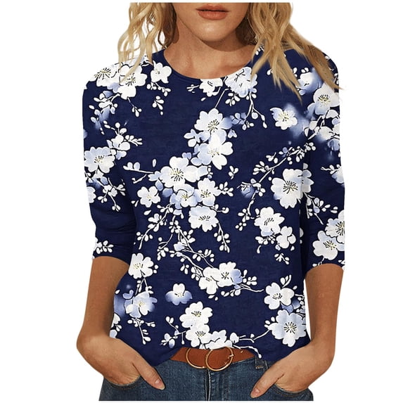Wancir Womens Tops 3/4 Sleeve Shirts Round Neck Loose Casual Blouses Floral Print Tshirts