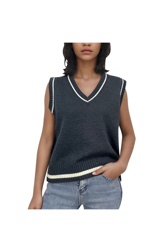 Wancir Womens V Neck Sweater Vest School Uniform Vest Striped Cable Knit Sleeveless Sweater Tops