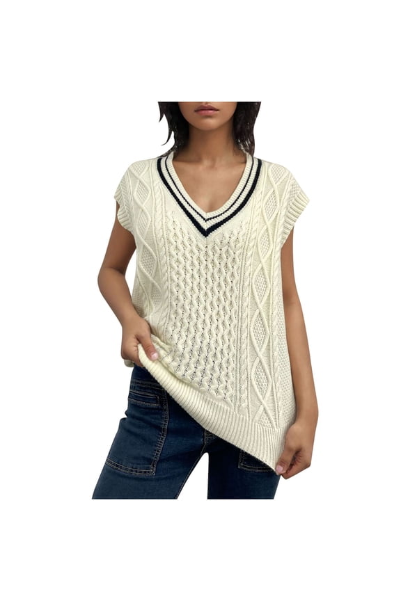 Wancir Womens V Neck Sweater Vest School Uniform Vest Striped Cable Knit Sleeveless Sweater Tops