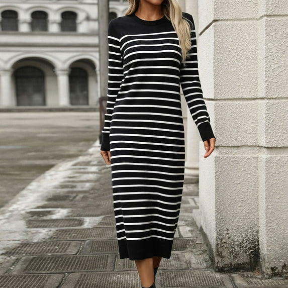 Wancir Womens Winter Fall Pleated Knitted Fit and Flare Long Sleeve Sweater Dress