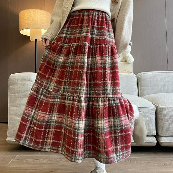 Wancir Wool Plaid Skirts for Women Fall Winter High Waisted Midi Length Pleated A Line Ruffle Long Skirt