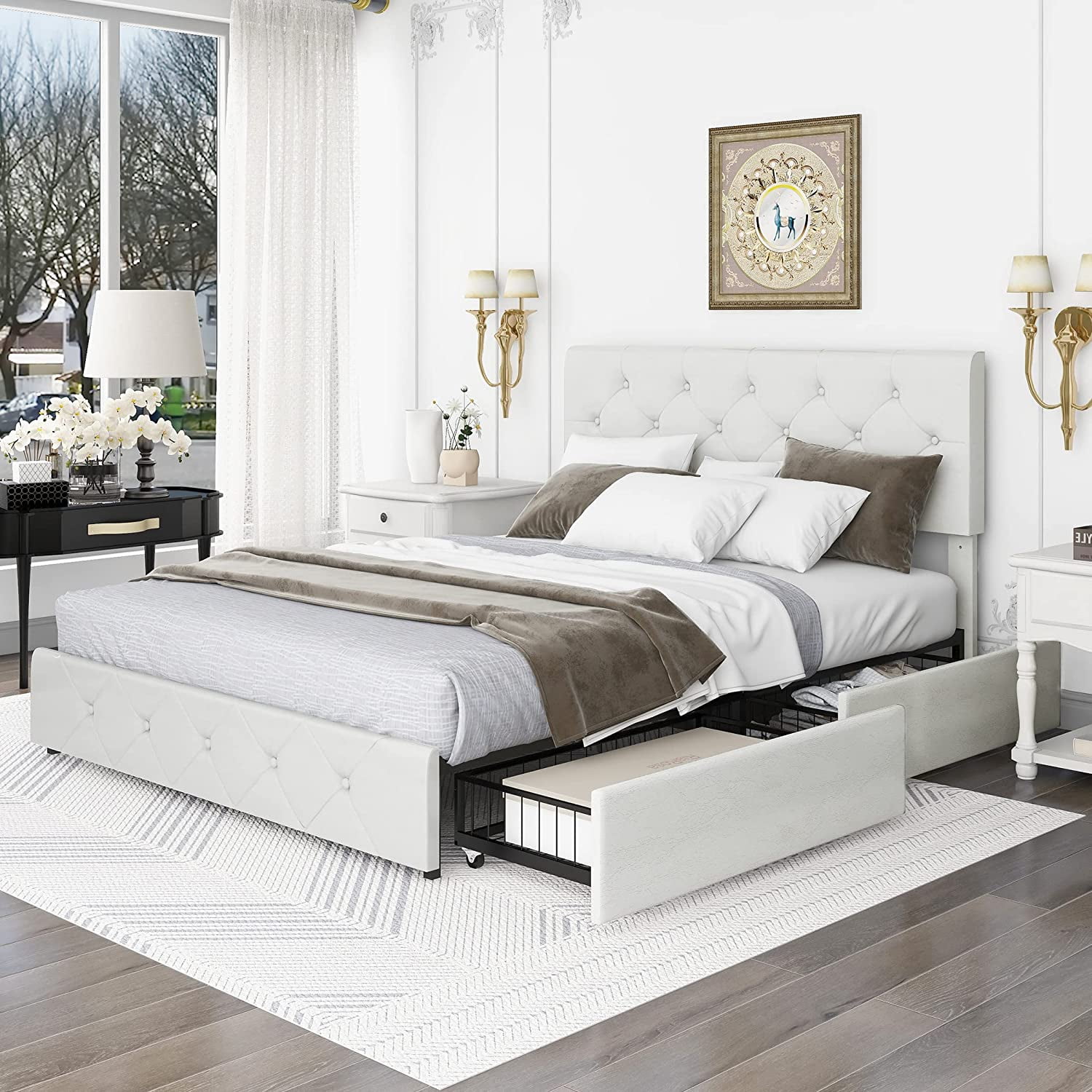 Wancla Queen Upholstered Platform Bed Frame with 4 Storage Drawers ...