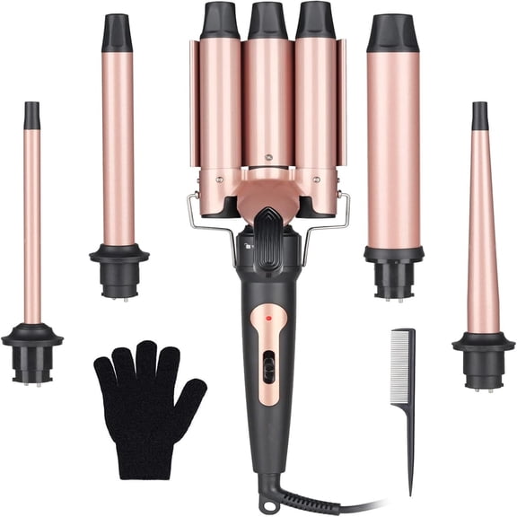 Wand Curling Iron Hair Crimper, Large 3 Barrel (0.35"-1.25" Ceramic Barrel) Hair Crimper for Women Beach Waves Instant Heat Hair Waver Set for Long Hair Curlers 5-in-1 Curling Wand Set