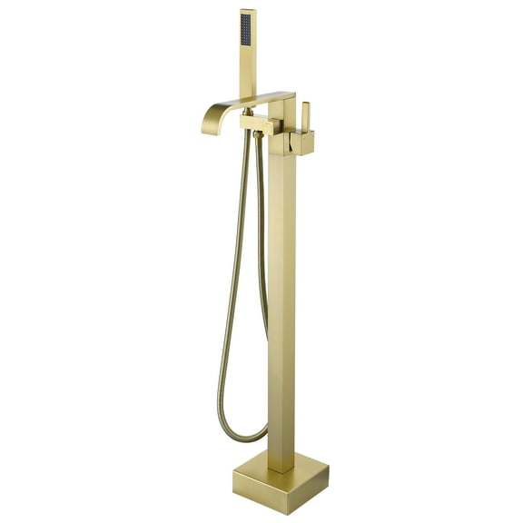 Wand Floor Mounted Bathroom Tub Filler with Hand Shower, Brass Freestanding Bathtub Faucet