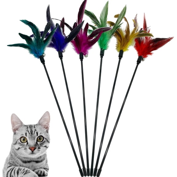 Wand Stick Toys, 6 count Interactive Feathers Wand for Indoor Cats (A)