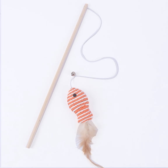 Wand T-oys with Wooden Rod Paper Rope Fish and Elastic String Interactive Teaser T-oys for Indoor Cats Chewable Play