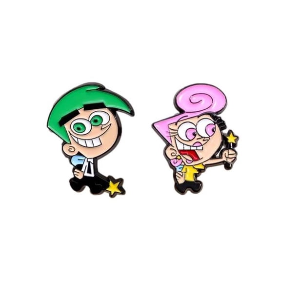 Wanda and Cosmo Cartoon Characters 1 in Tall Enamel Metal Pin Set of 2