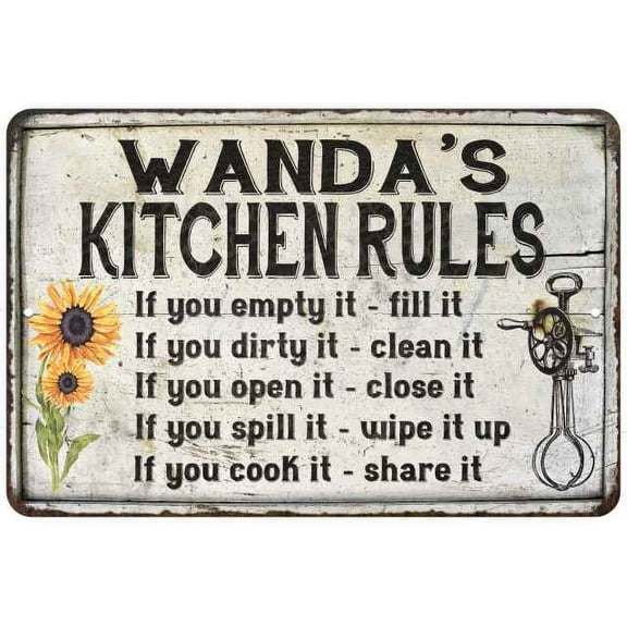 Wanda's Kitchen Rules Chic Sign Vintage Decor 8 x 12 High Gloss Metal 208120032090