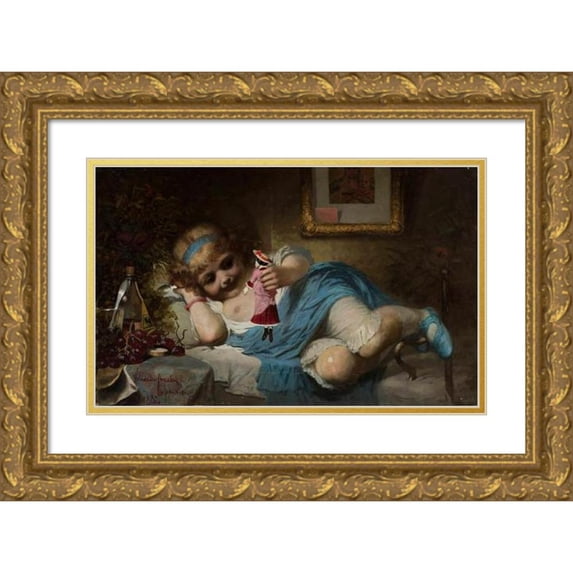 Wandalin Strzałecki 18x13 Gold Ornate Wood Frame and Double Matted Museum Art Print Titled - Girl with a Doll - Convalescent (1882)