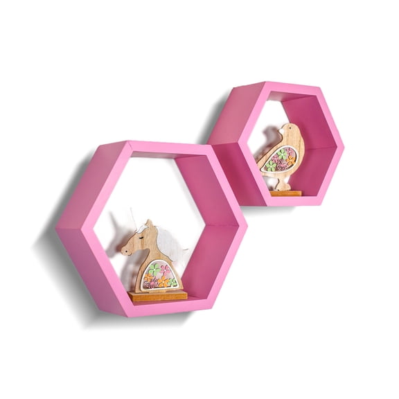 Wandars Hexagon Honeycomb Shelves Set of 2 Pine Wood Rose Quartz 11x11x9.5