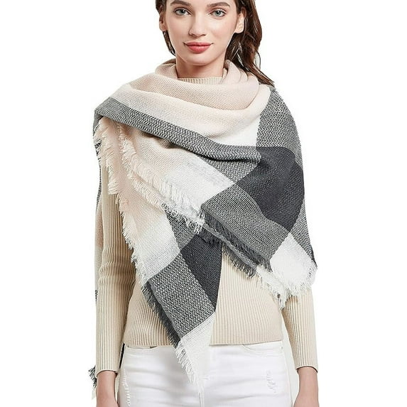 Wander Agio Womens Warm Stripe Plaid Scarf Color: Plaid Grey Pink 11