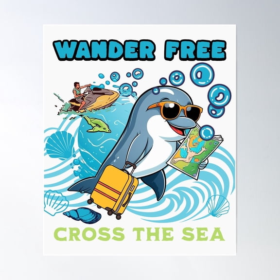 Wander Free Dolphin – Ocean Travel Adventure Cartoon Design Poster Wall Art, Modern Wall Decor For Living Room Bedroom, 8x12 UNFRAMED