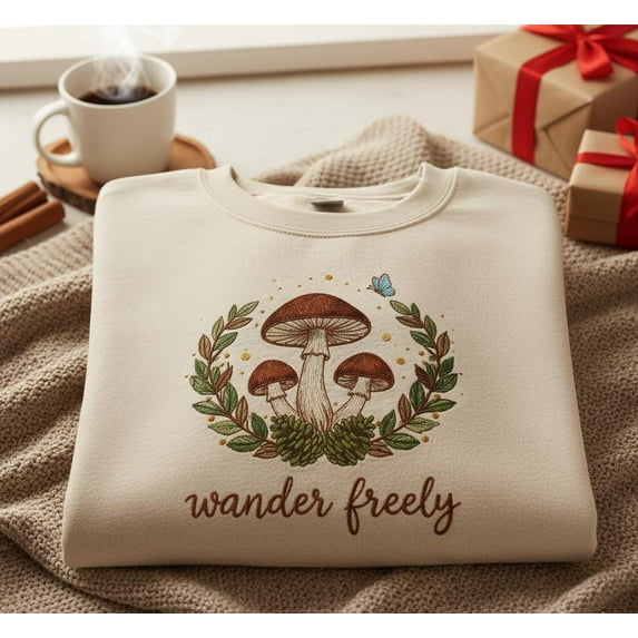 Wander Freely Embroidered Mushroom Sweatshirt, Cozy Woodland Cottagecore Sweater, Nature Lover Pullover, Rustic Fall Gift Top
