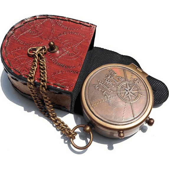 Not All Who Wander Are Lost Engravable Compass - Pocket Compass - Brass Compass with Leather Case - Pirates Compass - Gift Compass - Camping Compass - Confirmation Gift Idea - Baptism Gifts - Keepsak