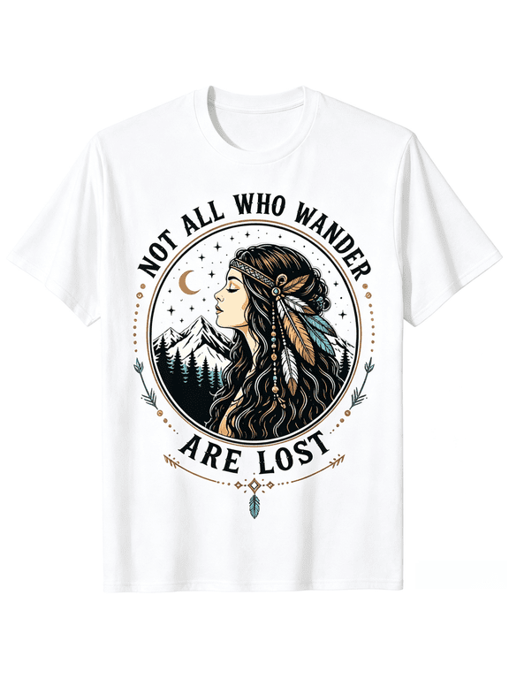 Not All Who Wander Are Lost Western Feather Woman Mountain Moon Star Graphic T-Shirt Vintage Wilderness Adventure Hippie Outdoor Travel Casual Short Sleeve Tee