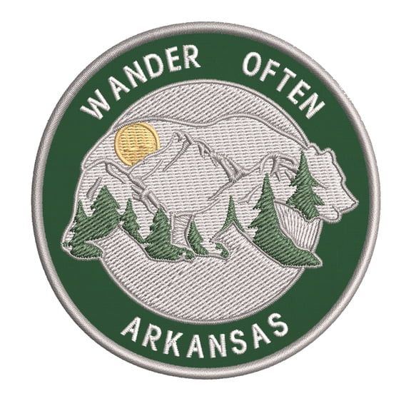 Wander Often! Arkansas 3.5 Inch Iron Or Sew On Embroidered Fabric Badge Patch Seek Adventure, National Park Iconic Series