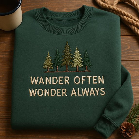 Wander Often Wonder Always Embroidered Hoodie, Forest Tree Sweatshirt, Nature Lover Crewneck, Hiking Adventure Gift