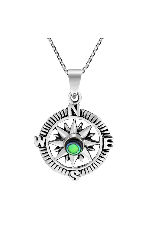 Wanderer’s Guide Sterling Silver Compass Abalone Shell Inlaid Necklace