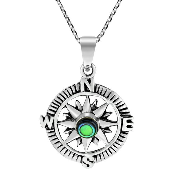 Wanderer’s Guide Sterling Silver Compass Abalone Shell Inlaid Necklace
