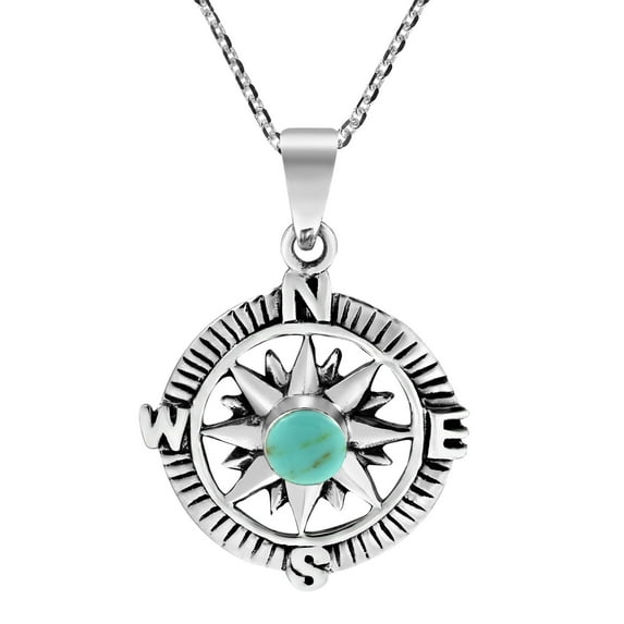 Wanderer’s Guide Sterling Silver Compass Green Turquoise Inlaid Necklace