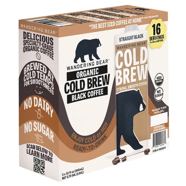 Wandering Bear Organic Cold Brew Black Coffee, 32 Ounce (Pack of 3)