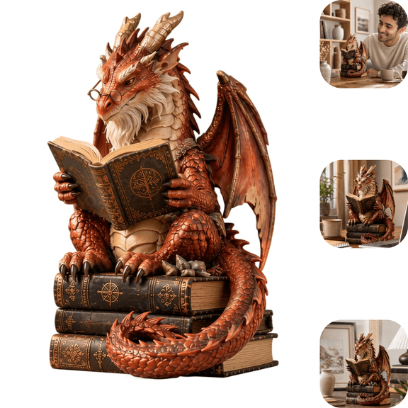 Wandering Scholar Dragon Figurine, Reading Book Tabletop Decor, Fantasy Bookshelf Ornament, Home Decor Gift for Book Lovers Library Nook Display