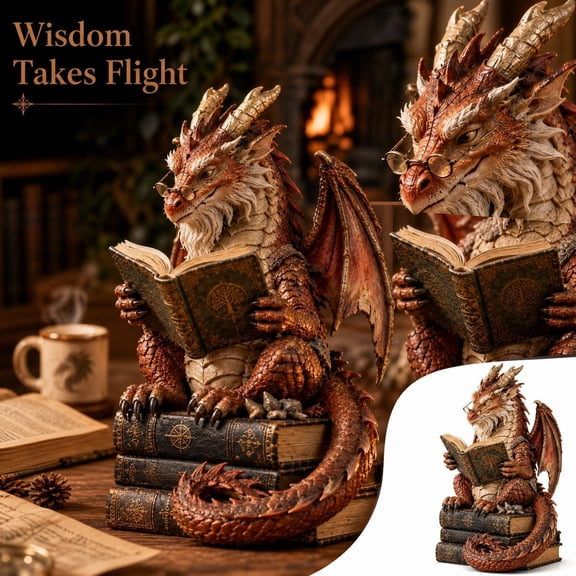 Wandering Scholar Dragon Figurine, Reading Book Tabletop Decor,Vintage Hand Painted Resin Sculpture, Fantasy Bookshelf Tabletop Ornament Home Decor, Gift for Book Lovers(1pc)