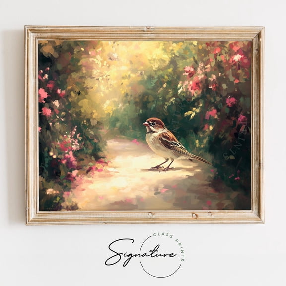 Wandering Sparrow Down Garden Path Moody Cottagecore Art Soft Bird Earthy Floral Decor Vintage Illustration 3230 Unframed Paper Print