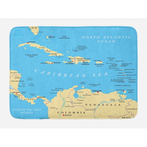 Wanderlust Bath Mat, Caribbean Political Map Capitals National Borders Important Cities Rivers Lakes, Non-Slip Plush Mat Bathroom Kitchen Laundry Room Decor, 29.5 X 17.5 Inches, Blue Ivory, Ambesonne