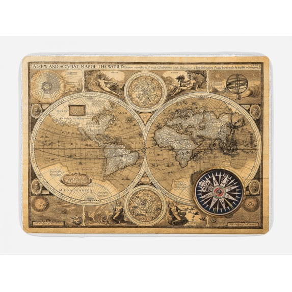Wanderlust Bath Mat, Old Map 1626 A New and Accvrat Map of World Historical Manuscript, Non-Slip Plush Mat Bathroom Kitchen Laundry Room Decor, 29.5 X 17.5 Inches, Brown Black Pale Brown, Ambesonne