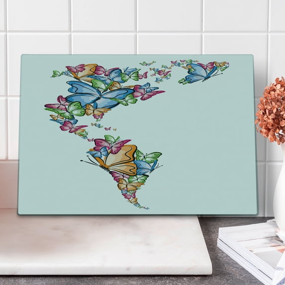 Wanderlust Cutting Board, North South America World Map Silhouette with Butterfly Illustration, Decorative Tempered Glass Cutting and Serving Board, Large Size, Blue Pink Pale Orange, by Ambesonne