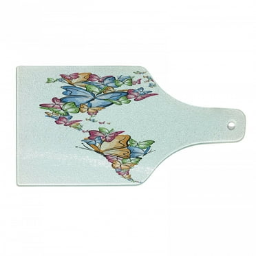 Wanderlust Cutting Board, North South America World Map Silhouette with Butterfly Illustration, Tempered Glass Cutting and Serving Board, Wine Bottle Shape, Blue Pink Pale Orange, by Ambesonne