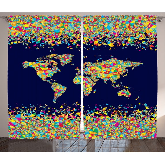 Ambesonne World Map Curtains 2 Panel Set, Mosaics Tiles Global, 108" x 90", Dark Blue Yellow Blue