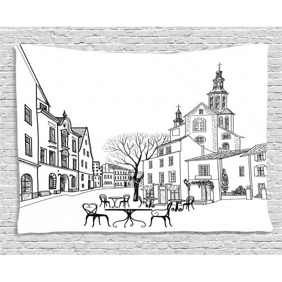 Wanderlust Decor Tapestry, Street Cafe in Old City Houses Tree on Alleyway Medieval Castle Landscape, Wall Hanging for Bedroom Living Room Dorm Decor, 60W X 40L Inches, Black White, by Ambesonne