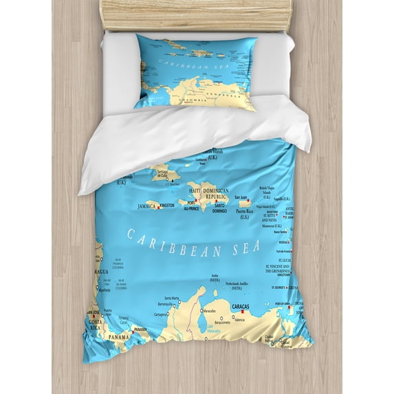Wanderlust Duvet Cover Set, Caribbean Political Map Capitals National Borders Important Cities Rivers Lakes, Decorative 2 Piece Bedding Set with 1 Pillow Shams, Twin Size, Blue Ivory, by Ambesonne