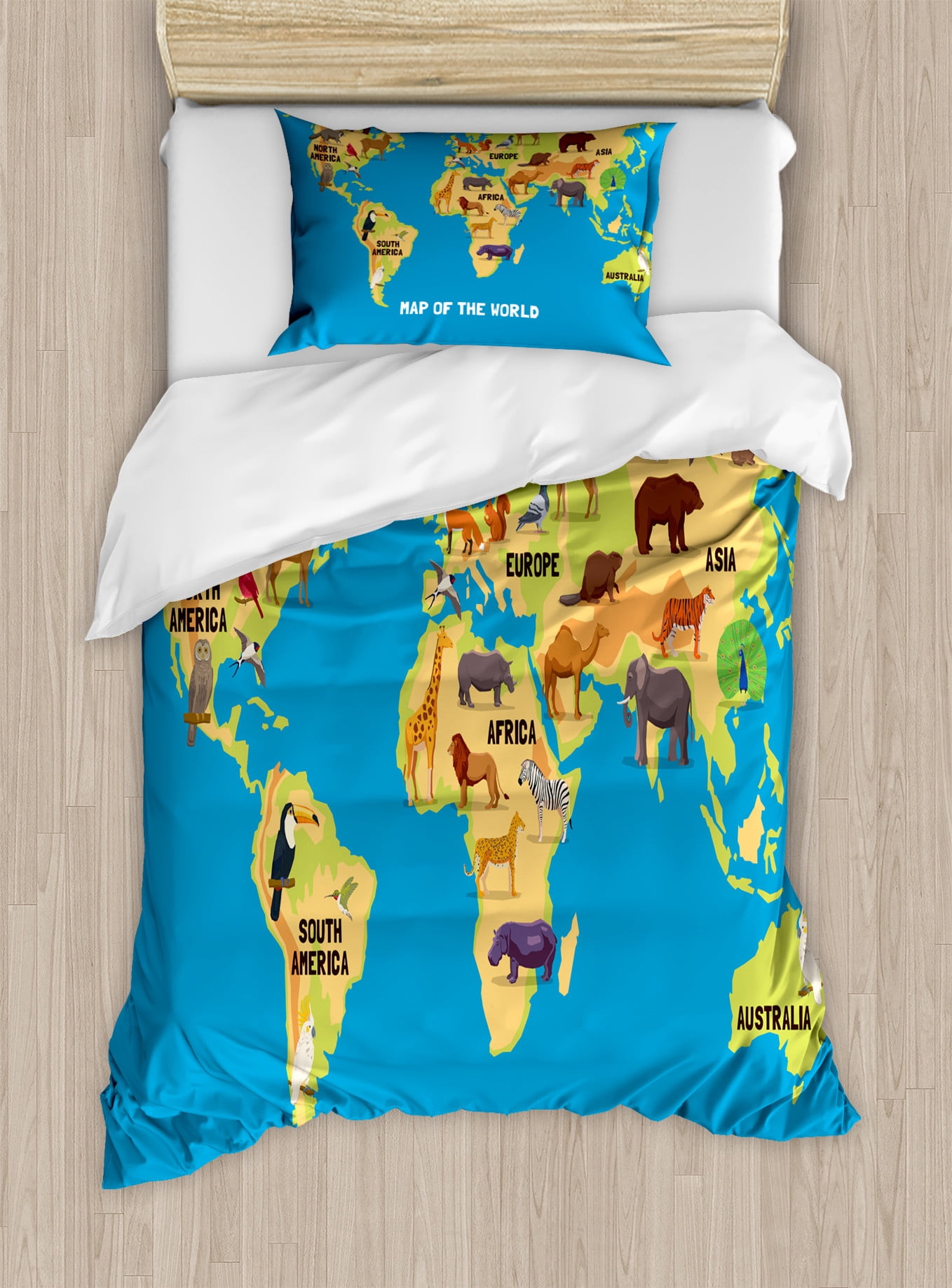 Wanderlust Duvet Cover Set, Flat Map of World Animals Living in ...