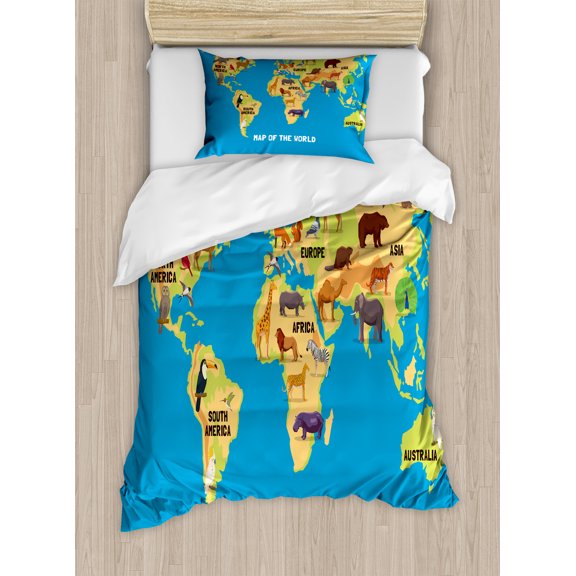 Wanderlust Duvet Cover Set, Flat Map of World Animals Living in Different Parts of Continents, Decorative 2 Piece Bedding Set with 1 Pillow Shams, Twin Size, Blue Pale Orange Brown, by Ambesonne