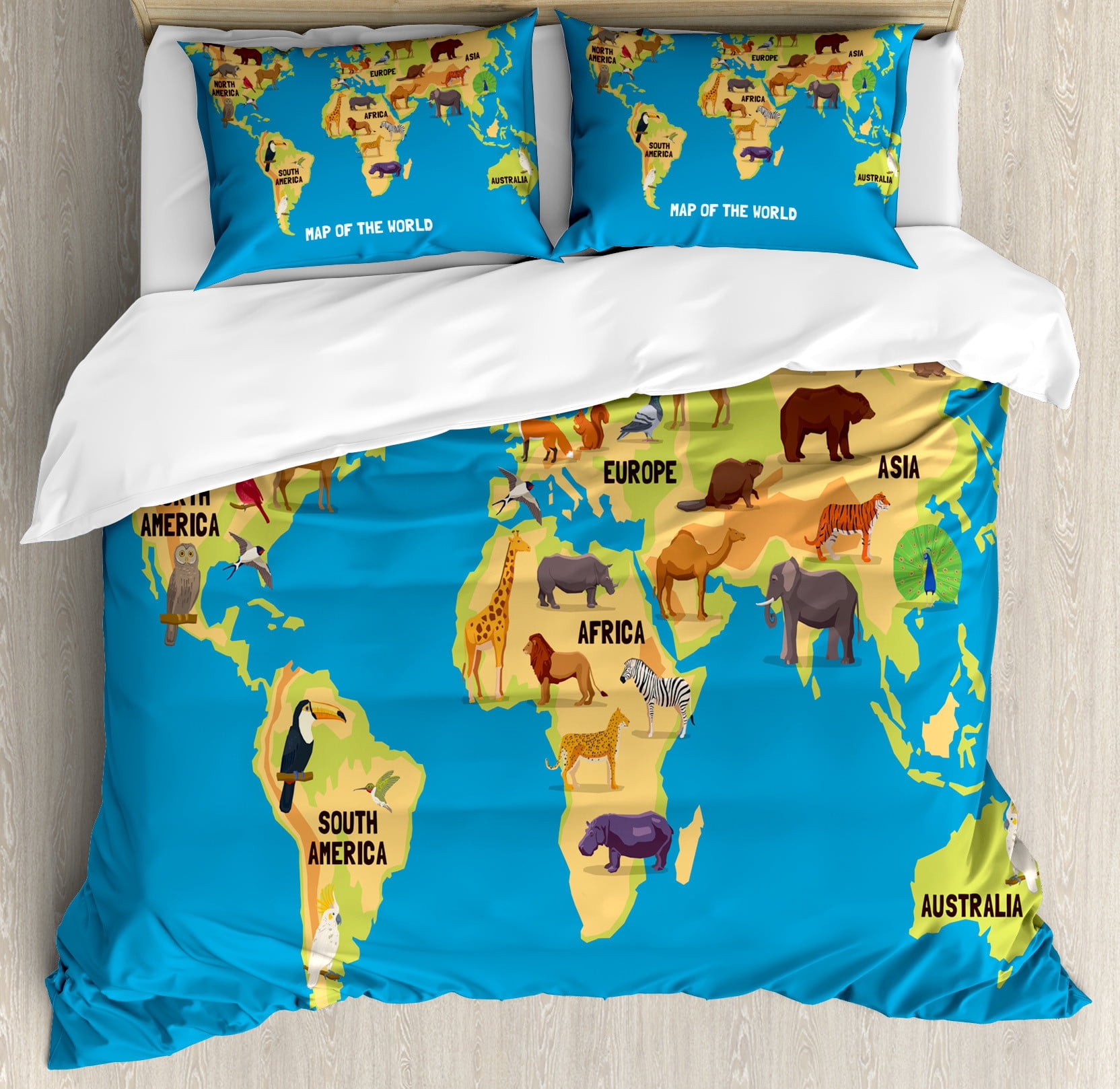 Wanderlust Duvet Cover Set, Flat Map of World Animals Living in ...