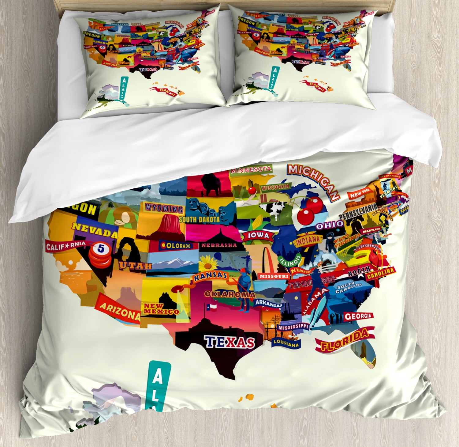Wanderlust Duvet Cover Set King Size, US Map Seashore and Sunflowers ...