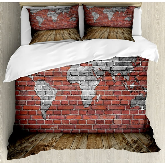 Wanderlust Duvet Cover Set, Vintage Grunge Map Room Style Brick Rustic Geographic Interior Travel, Decorative 3 Piece Bedding Set with 2 Pillow Shams, King Size, Cinnamon Pale Grey, by Ambesonne