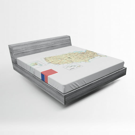 Wanderlust Fitted Sheet, USA Detailed Map Topographic Contours Country Names Roads Railways, Soft Decorative Fabric Bedding, Full Size, Ivory Pale Blue White, by Ambesonne