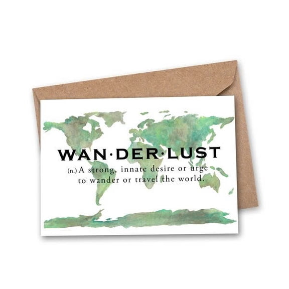 Wanderlust Greeting Card - Inspirational Travel Card with World Map Design - Perfect for Travel Lovers, Adventurers, and Explorers - Blank Inside, Envelope Included