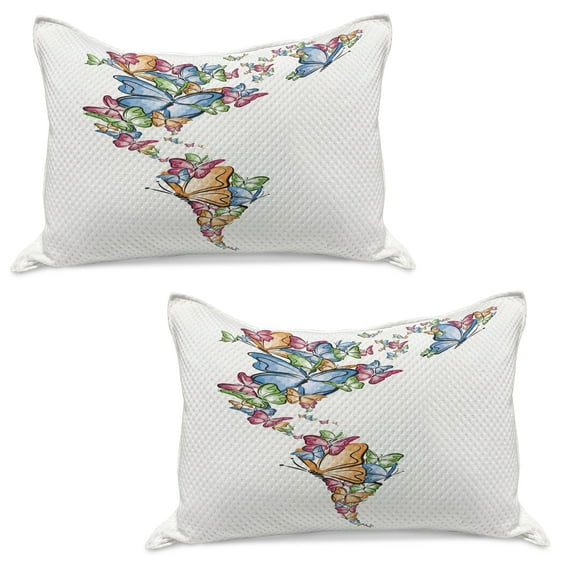 Wanderlust Knitted Quilt Pillowcover Set of 2, North South America World Map Silhouette with Butterfly Illustration, Standard Queen Pillow Sham Bedroom, 30" x 20", Blue Pink Pale Orange, by Ambesonne