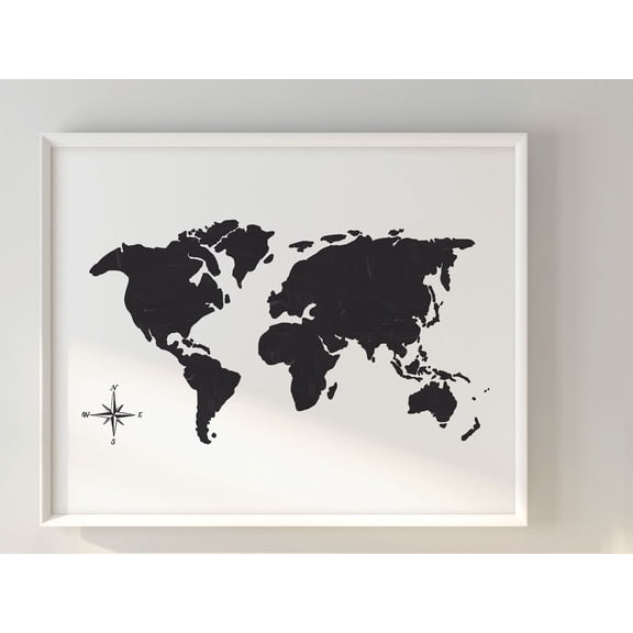 Wanderlust Map Poster Travel World Wall Art Black And White Monochrome Decor Minimalist Poster, Stretched Canvas Size 8x12