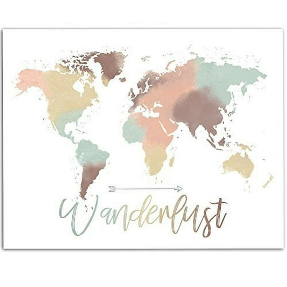 Wanderlust - Pastel Watercolor World Map - 11x14 Unframed Art Print - Great Living Room Decor or Gift for People That Love to Travel