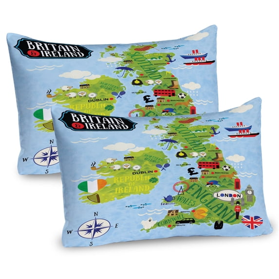 Wanderlust Pillow Sham Set of 2, Cartoon Maps of Britain and Ireland Landmarks Illustration, Quality Microfiber Bedding Item for All Seasons, 26" x 20", Pale Blue Apple Green, by Ambesonne