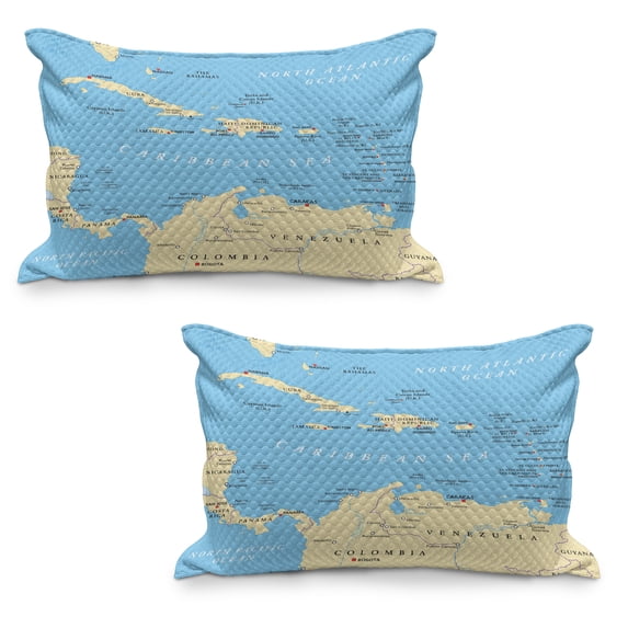 Wanderlust Quilted Pillowcover Set of 2, Caribbean Political Map Capitals National Borders Important Cities Rivers Lakes, Standard Queen Size Pillow Cover Bedroom, 36" x 20", Blue Ivory, by Ambesonne